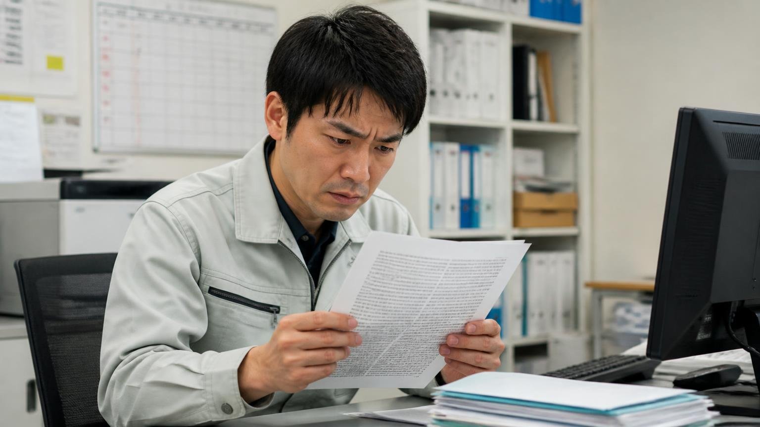 売却トラブルの相談は増えている。運送会社の事務所で買取契約書の細かい文字を読み込む作業着の男性1人が眉をひそめる