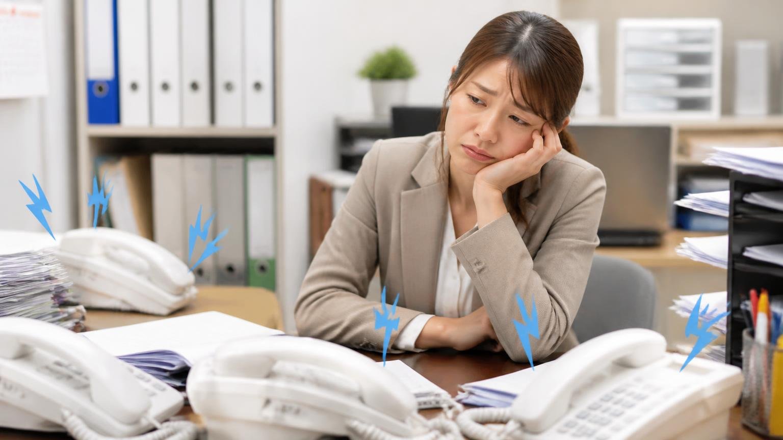 営業電話が心配な人がやっておくべきたった1つのこと 事務所で鳴り続ける電話を前にため息をつく女性1人