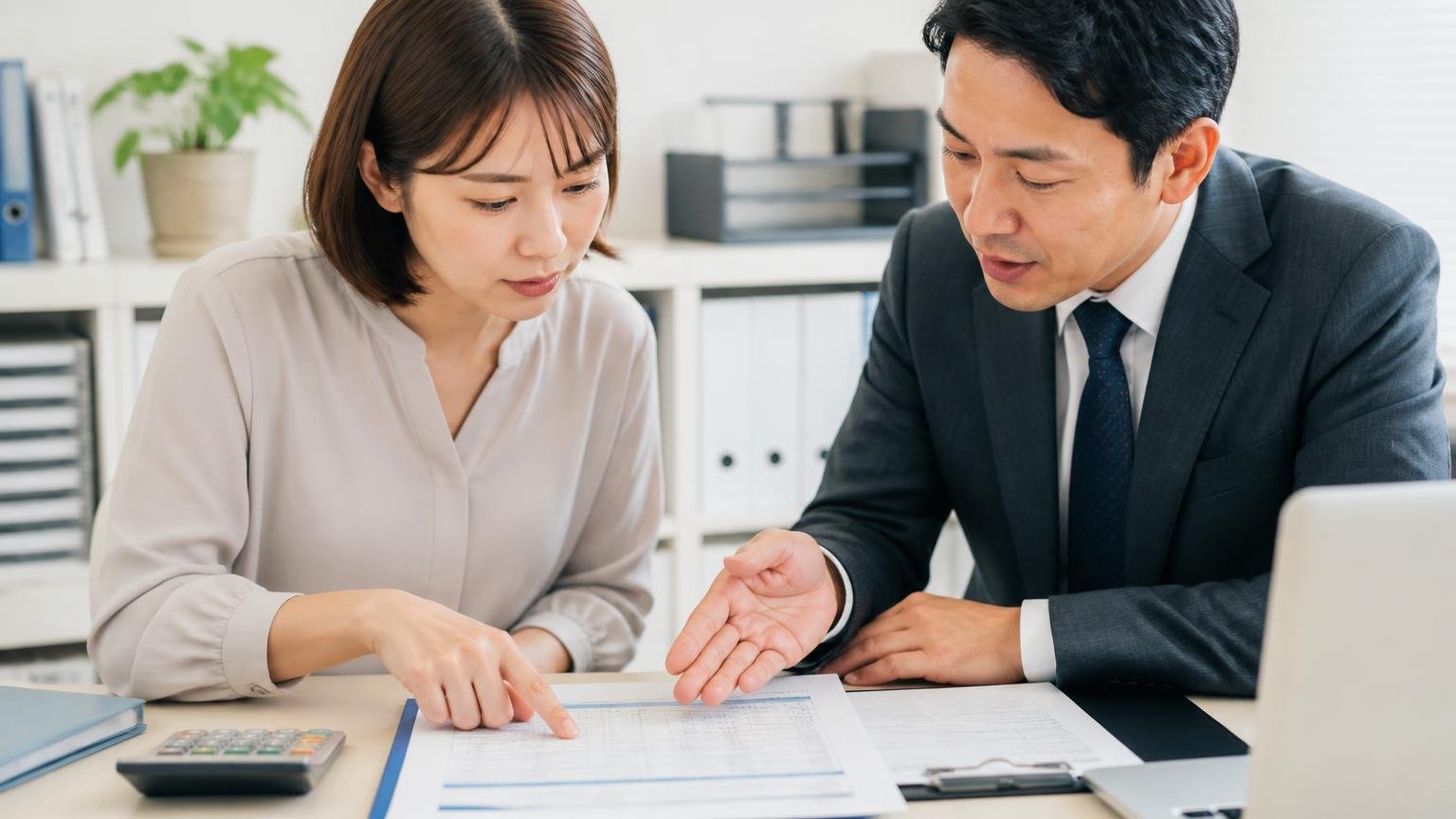 見積書の内訳を確かめる場面。事務所の机で見積書の項目を指でなぞる女性と説明する男性の2人