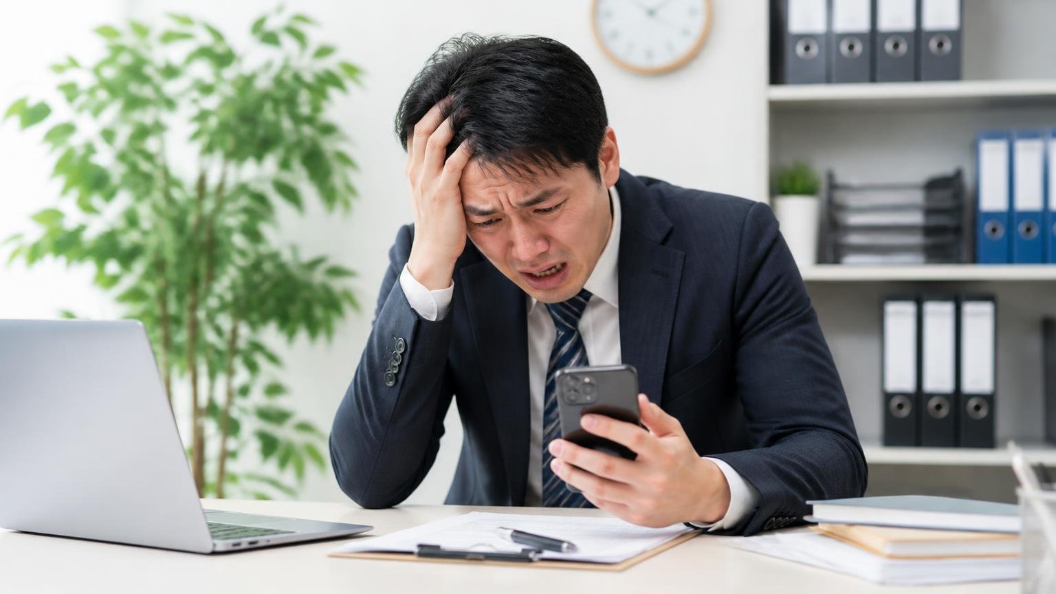 評判の★だけで決めて損をする人の共通パターン、事務所でスマホを握ったまま頭を抱える男性1人