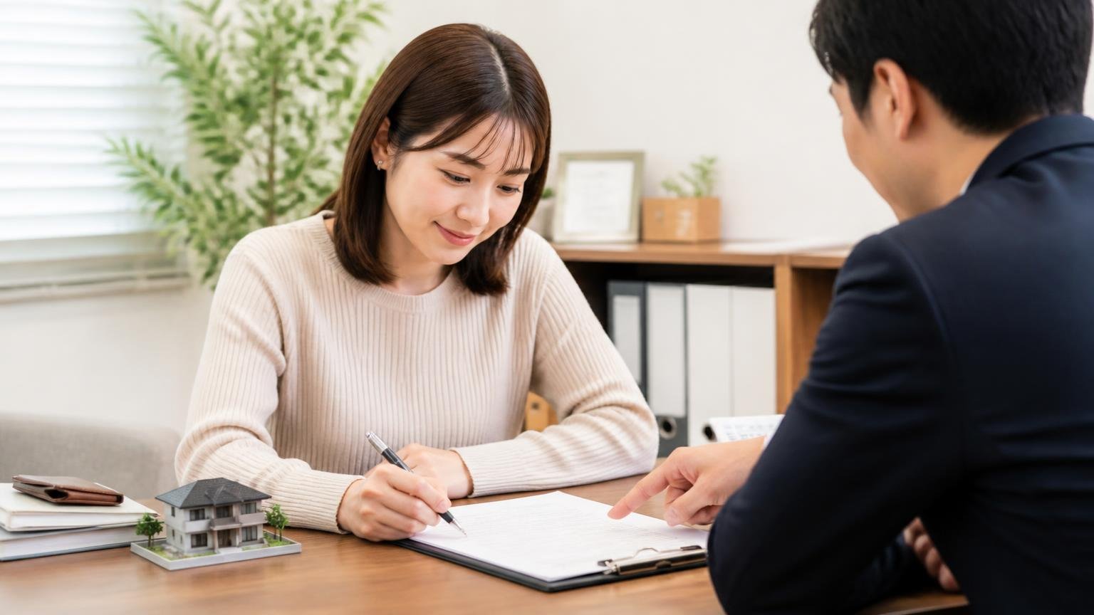 入金日・書類の受け渡し日・名義変更の完了連絡を書面で決める 事務所で契約書に日付を書き込み担当者と確認してうなずく30代女性