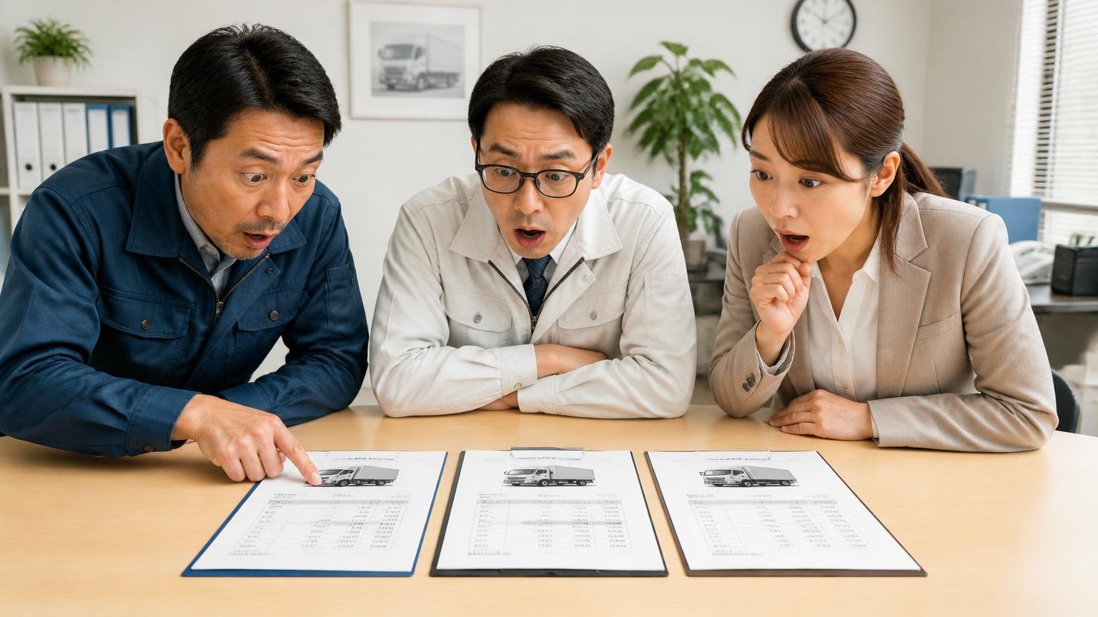 ヤナトラ買取王の金額を比べる相手に選ばれているトラック買取業者3選(事務所で3枚の見積書を机に並べ、男女3人が身を乗り出して見比べる)