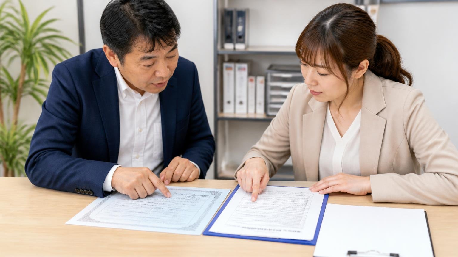 入金日・名義変更・キャンセル費用は書面で確認する、事務所で車検証と契約書を並べて指さし確認する40代男性と30代女性2人