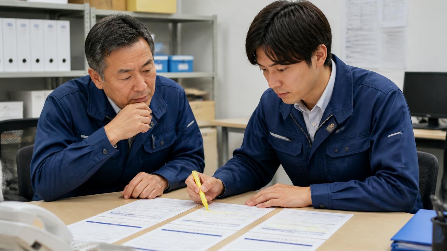 書面の見積もりを並べて、金額以外の条件も確かめる、事務所の机に見積書を並べる場面、運送会社の親子2人、蛍光ペンで線を引く
