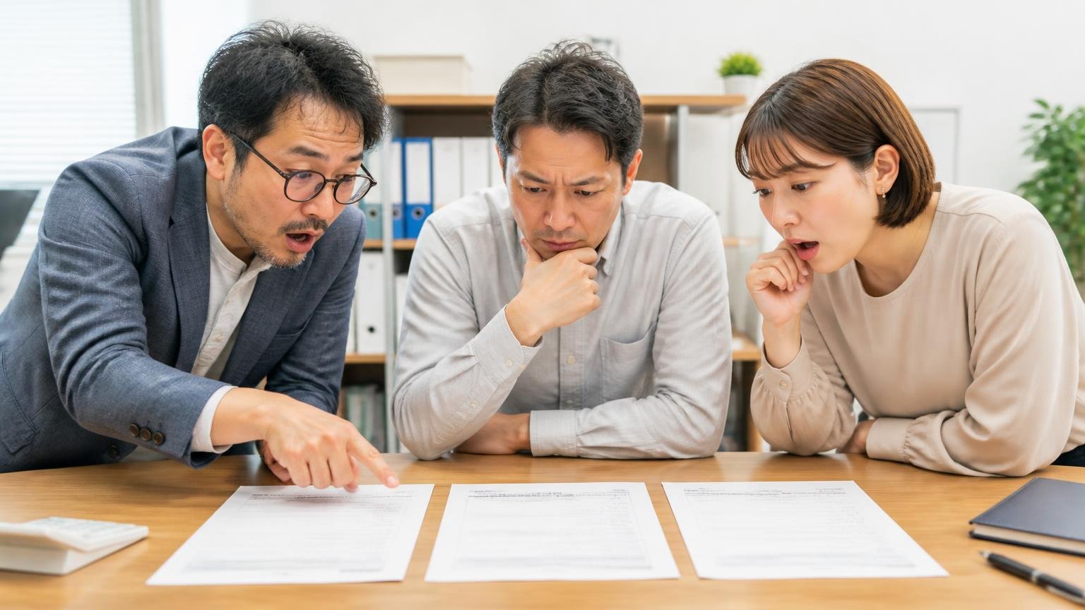 アンビバレンスの査定額が妥当か確かめる、比べる相手の買取業者3選(事務所で3枚の見積書を机に並べ、男女3人が身を乗り出して見比べる)