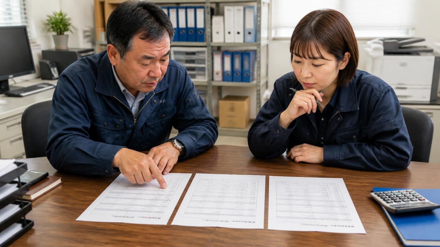 損しない進め方：無料査定を2〜3社そろえ、書面の見積もりを横に並べる 運送会社の事務所で3枚の見積書をテーブルに並べて指さし確認する経営者と事務担当の2人