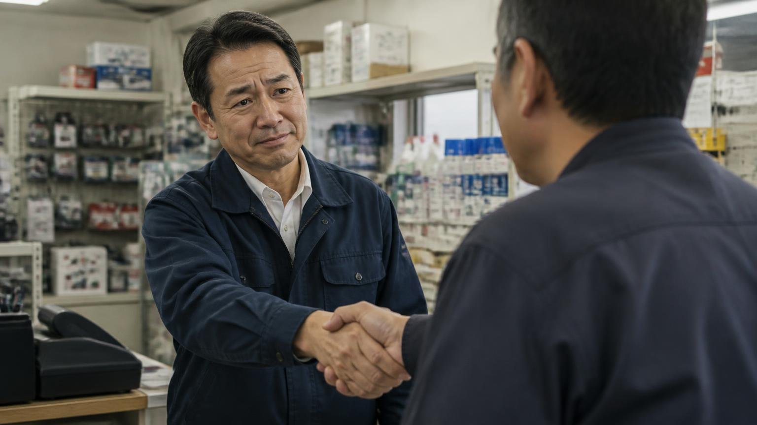 「買った店だから」「近いから」で比べずに売ってしまう、付き合いの長い販売店のカウンターで握手しつつ少し迷う表情の運送会社の社長1人