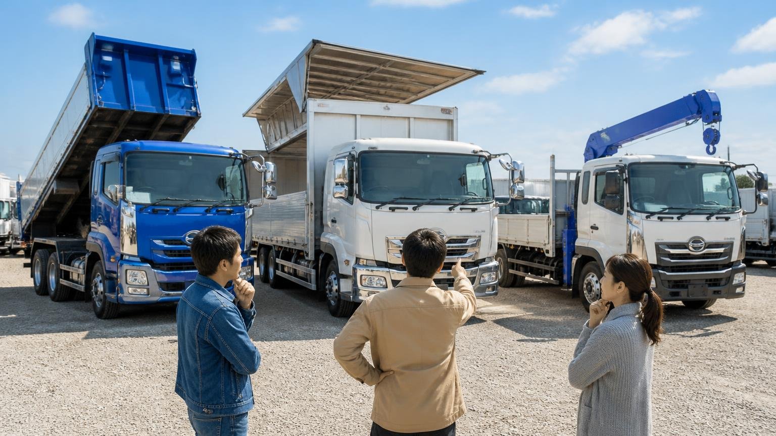 評判が良い業者が自分の車両を高く買うとは限らない。屋外にダンプとウイングとクレーン付きが並び3人が見比べる場面