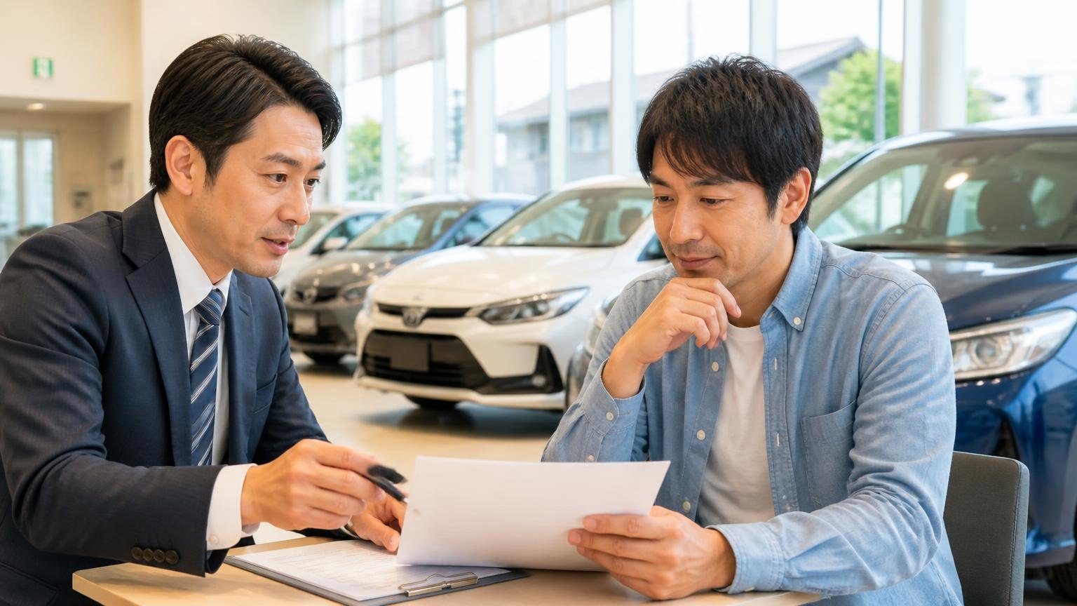 下取りと一括査定 新車が並ぶ販売店の前で書類を見ながら相談する男性2人 落ち着いた表情