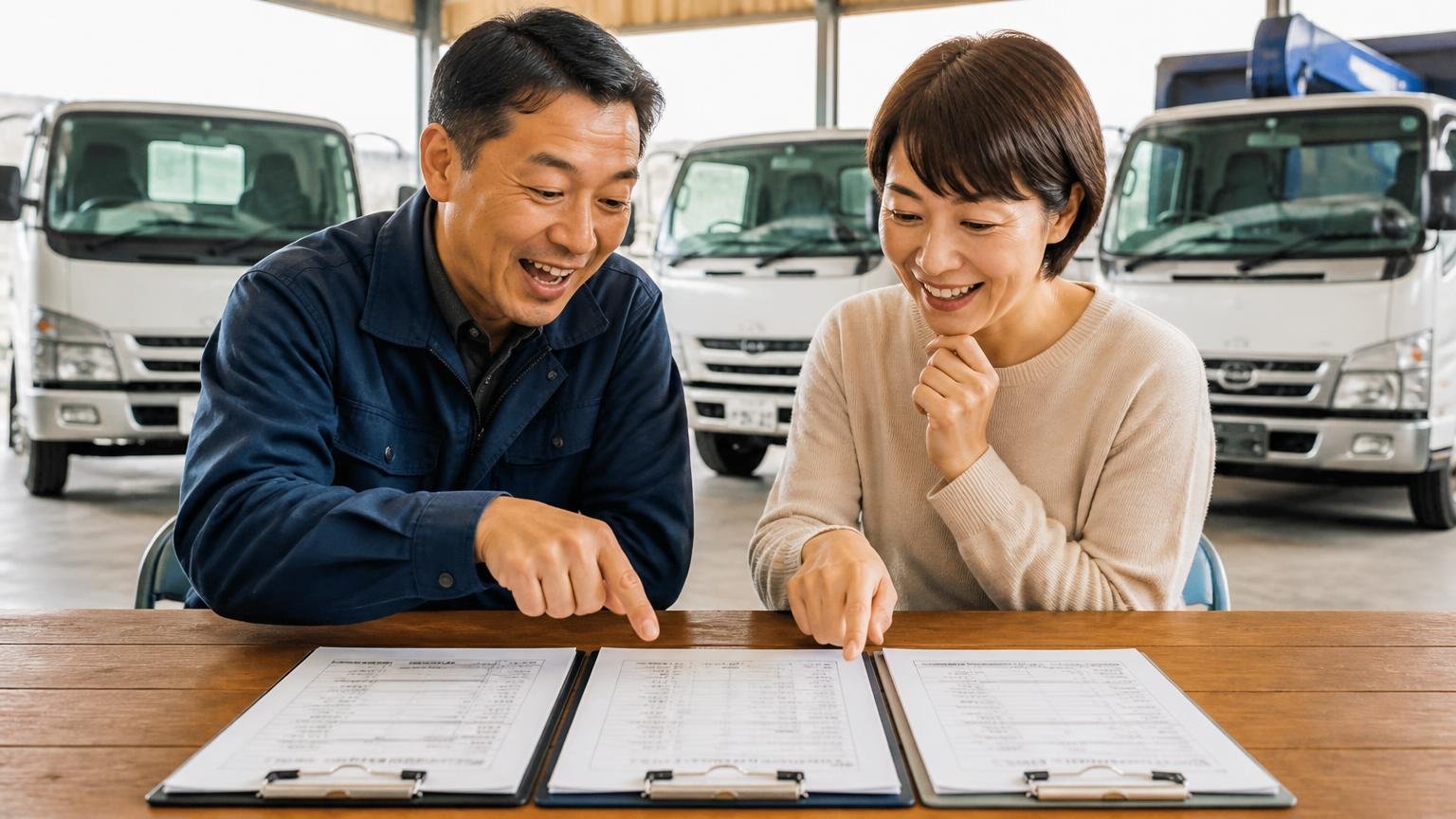トラック買取安心センターの金額を比べる相手に選ばれている買取業者3社、車庫で複数の見積書を並べて男女2人が笑顔で見比べる場面