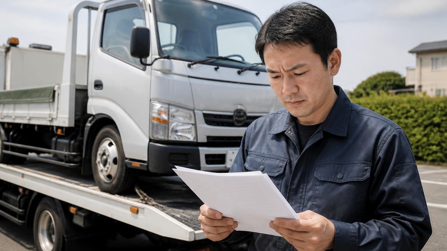 引き渡したあと名義変更を確実にする。積車に載せられるトラックの前で書類を受け取る男性が確認する場面