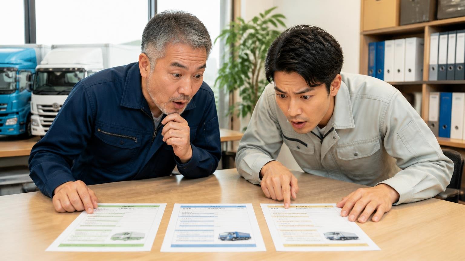 セレクトトラックの金額を横に並べる相手として選ばれているトラック買取業者3選／事務所の机に複数の見積書を並べて見比べる2人／身を乗り出して比較