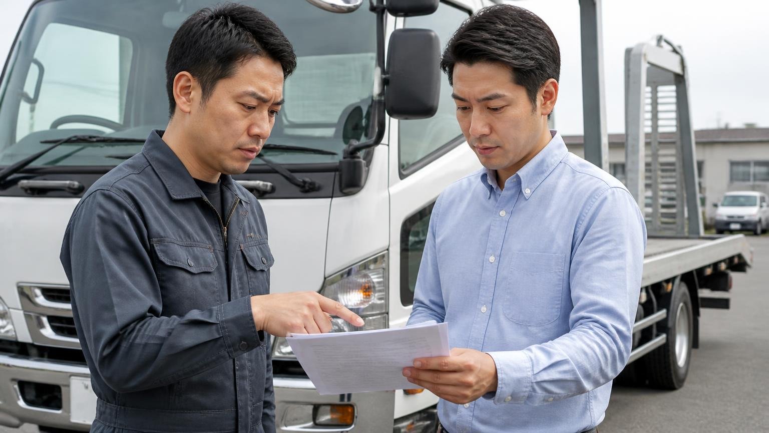 名義変更と税金・保険の扱いは、引き渡す前に確認する 積車に載せられるトラックの前で書類を確認し合う男性2人、真剣な表情
