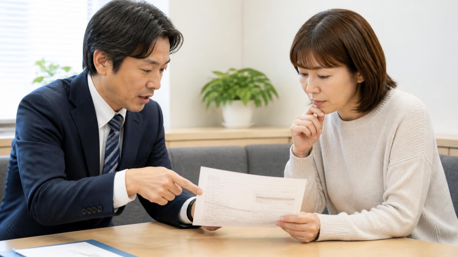 STEP3 見積もりは必ず書面でもらう 営業所の応接 男女2人 見積書を受け取り内容を読み合わせる