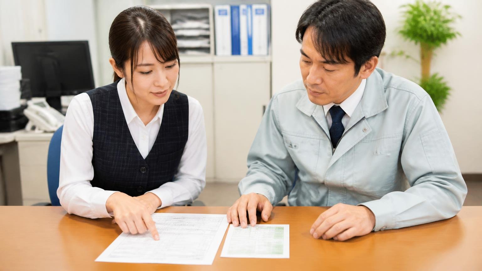 リサイクル料金相当額の記載を確認、事務所の机で見積書とリサイクル券を並べて指で確認する事務担当の女性1人と査定士の男性1人