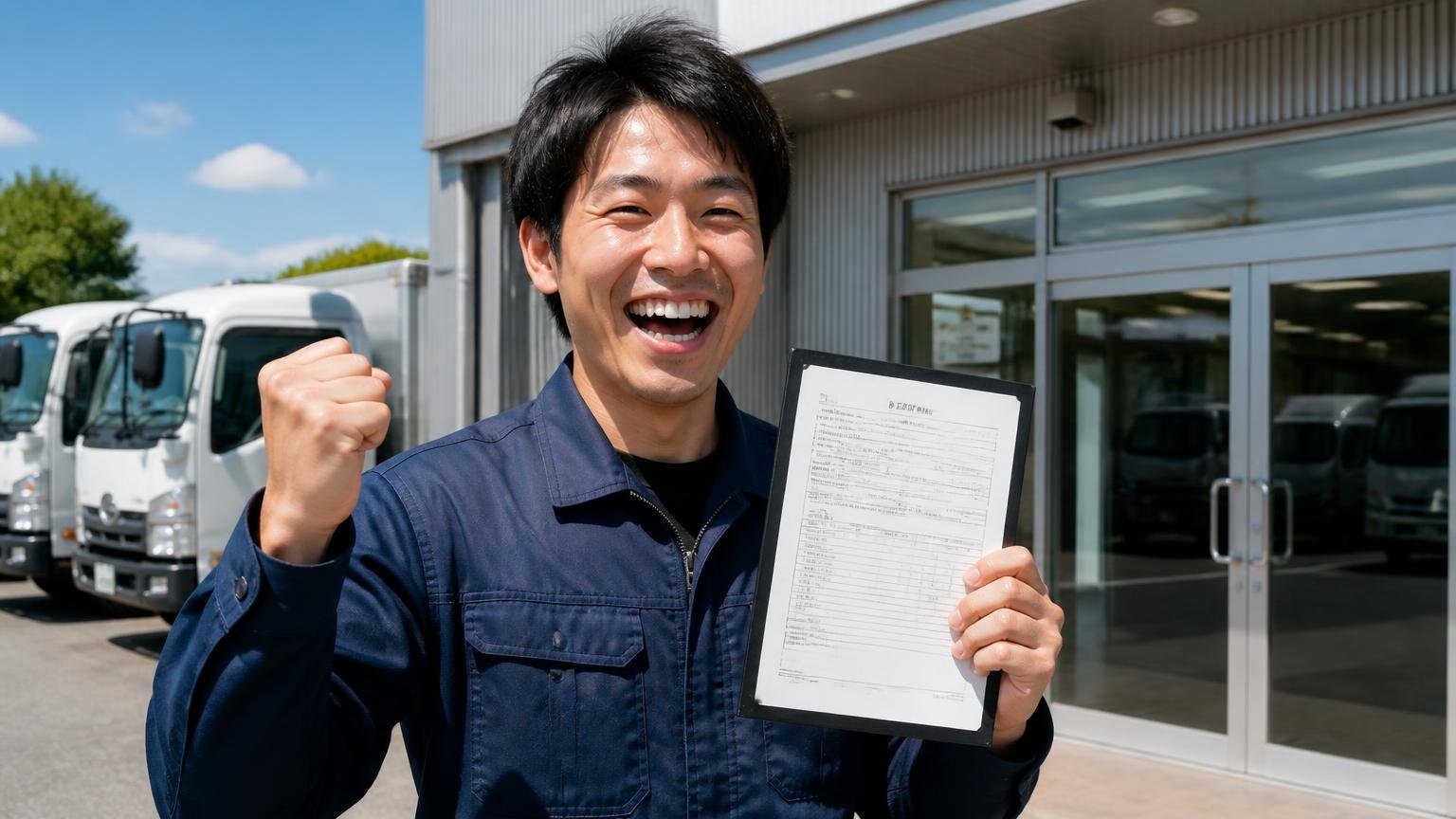 「対応が丁寧だった」だけで決めて、相場の物差しを持たない。営業所の前で1枚の査定書を握りしめ笑顔で即決しようとする若手ドライバー1人