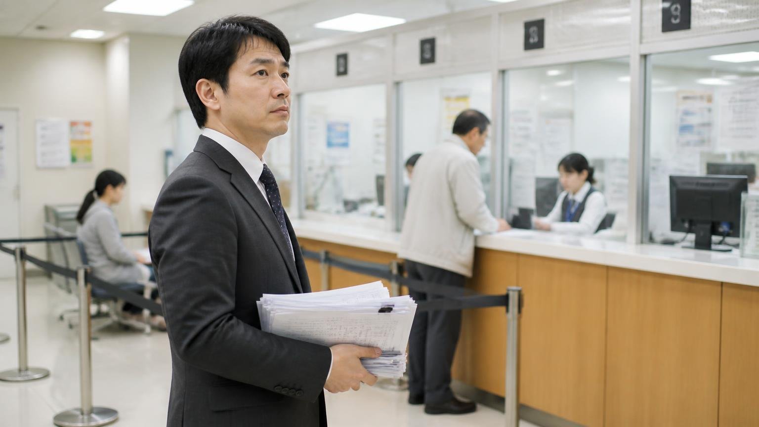 名義変更の窓口 役所の窓口カウンターの前で書類の束を持って順番を待つスーツ姿の男性1人