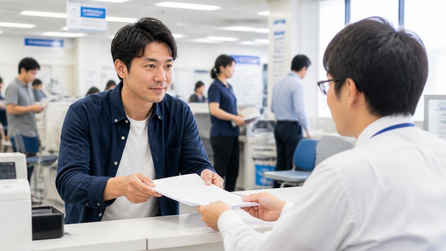 名義変更・抹消の窓口は福島市といわき市、運輸支局の窓口で書類を提出する30代男性と職員のやり取り