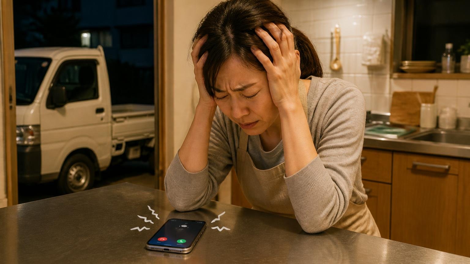 悪い口コミや営業電話が怖くて動けない。夜の台所で鳴り続けるスマホを前に頭を抱える軽トラ持ちの主婦