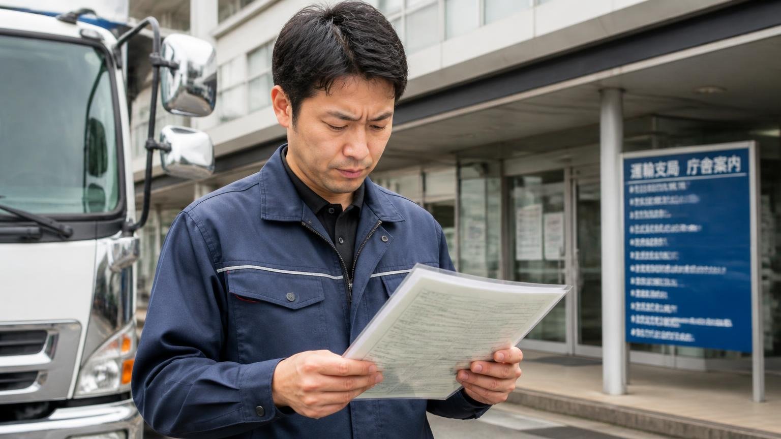 名義変更は15日以内|運輸支局の窓口の前でトラックの登録書類を確認する買取業者のスタッフ1人
