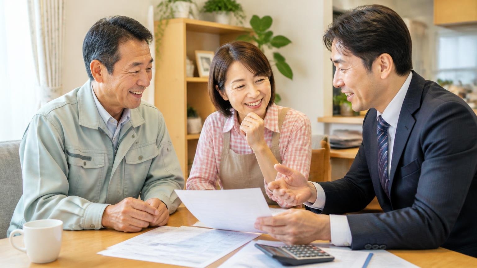 税金と保険の扱い|リビングで電卓と書類を前に税金の説明を聞いてほっとした表情の農家の夫婦と査定員