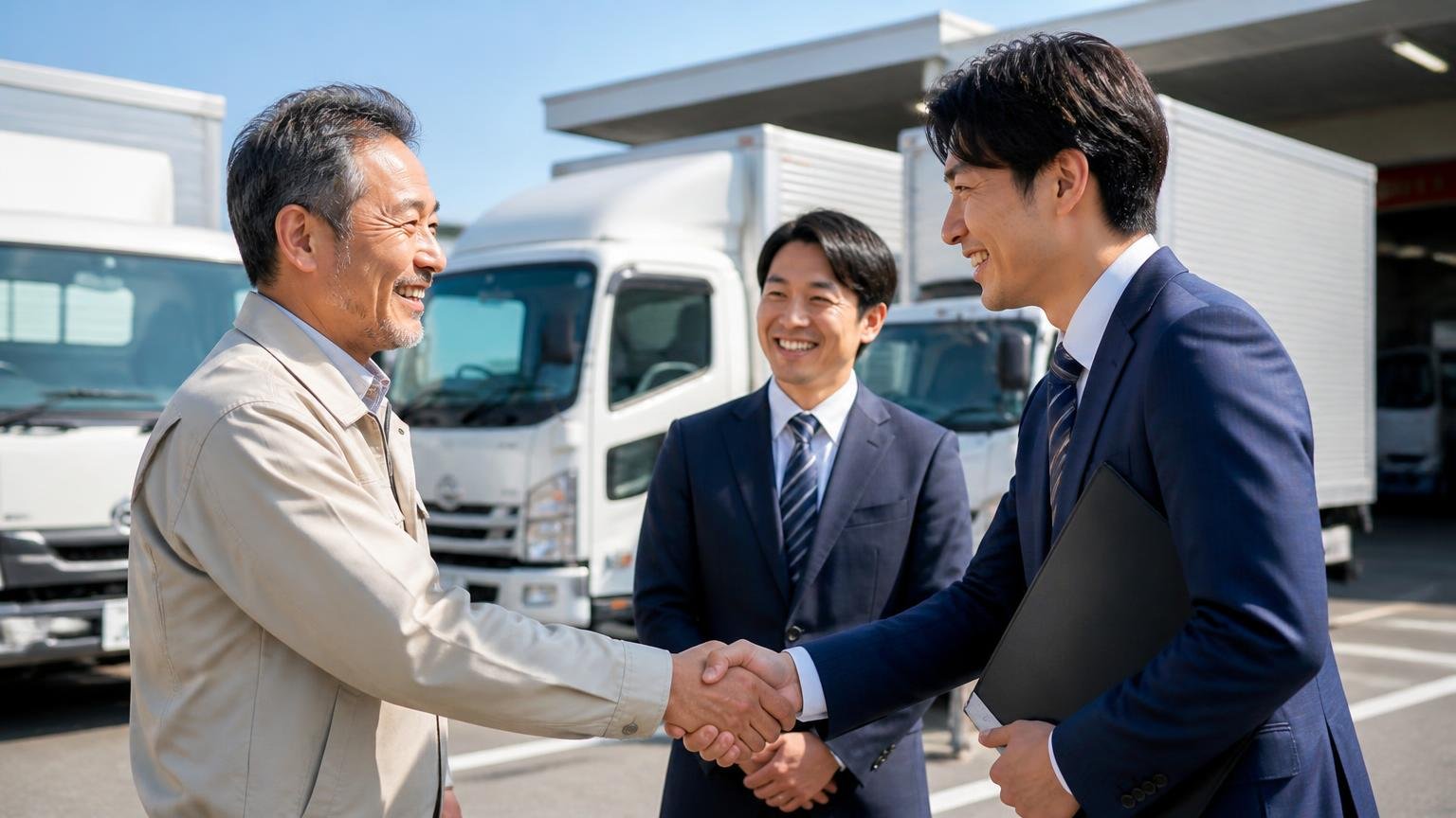 ディーラー下取りや一括査定サイトが合う人もいる、新車トラックの納車場で笑顔で握手する50代男性と営業担当2人