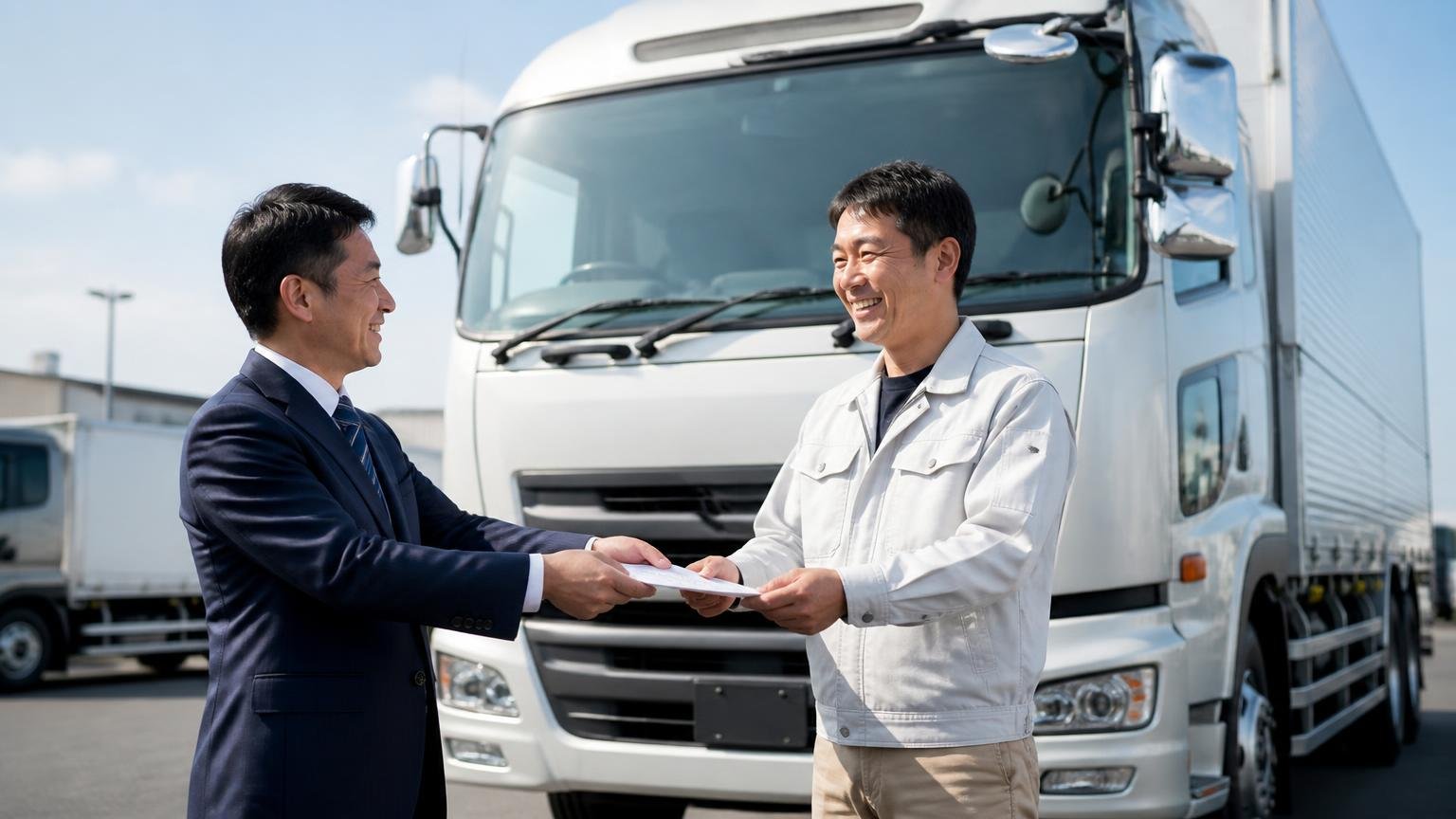 ディーラー下取りや一括査定のほうが合う場面もある、新車トラックの納車場面、営業担当とオーナーの2人、書類を受け取り安心した表情