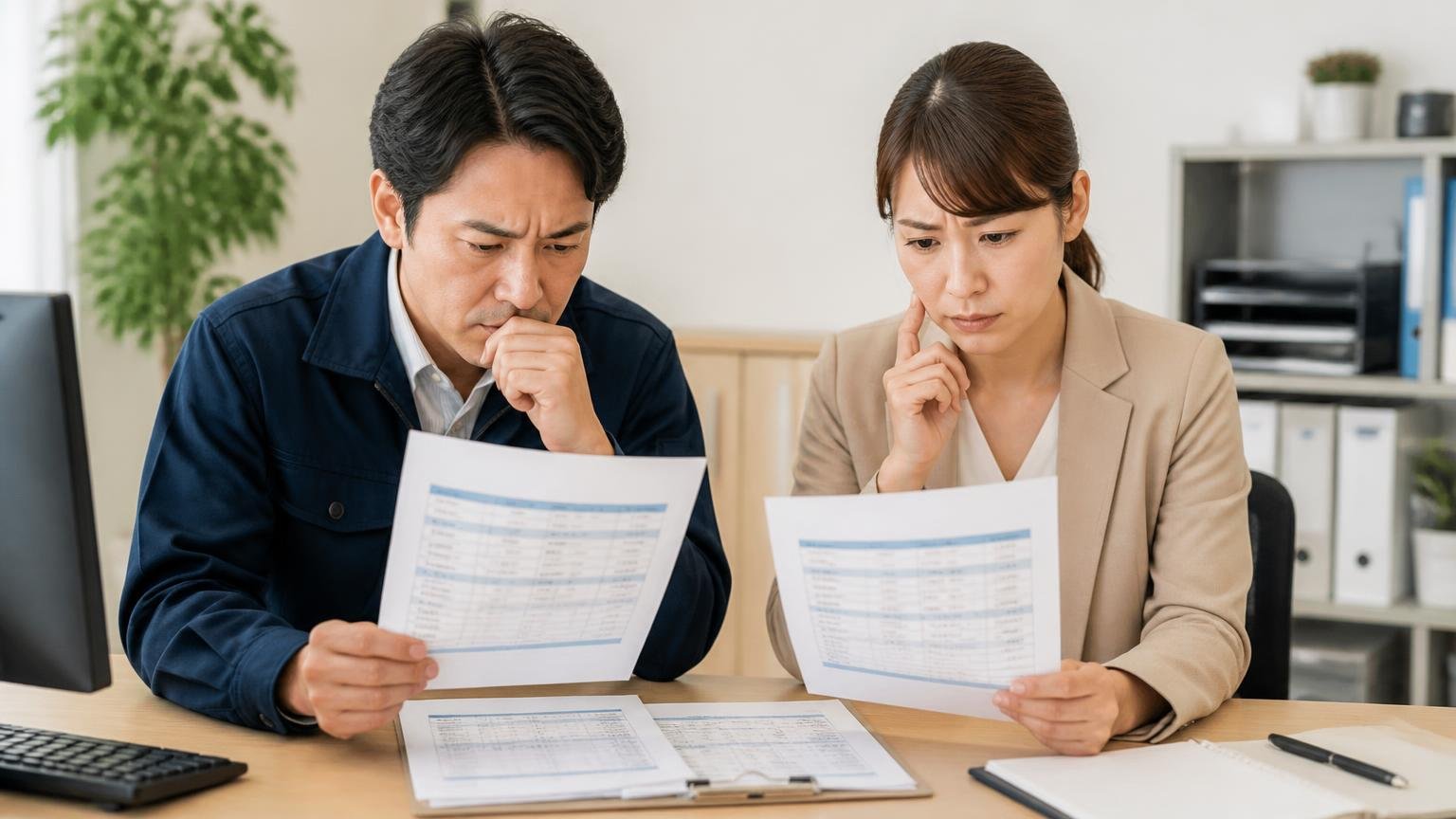中古車としてか使用済自動車としてか|事務所で2社の見積書を並べて見比べる男性1人と女性1人が真剣な表情