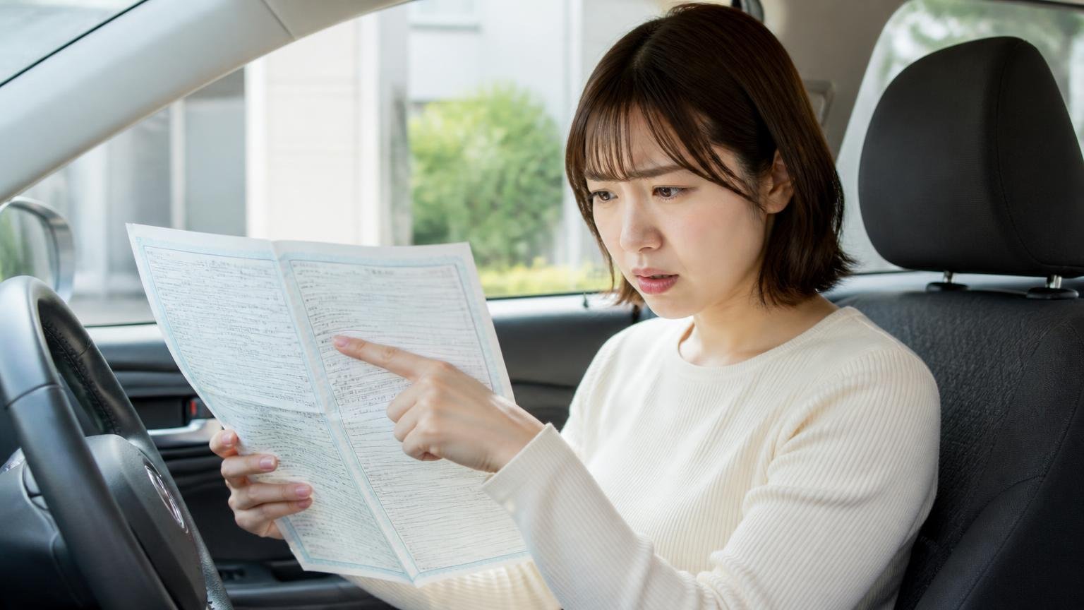 車検証の所有者欄を確認する場面。運転席で車検証を広げて所有者欄を指さす女性1人が眉をひそめる