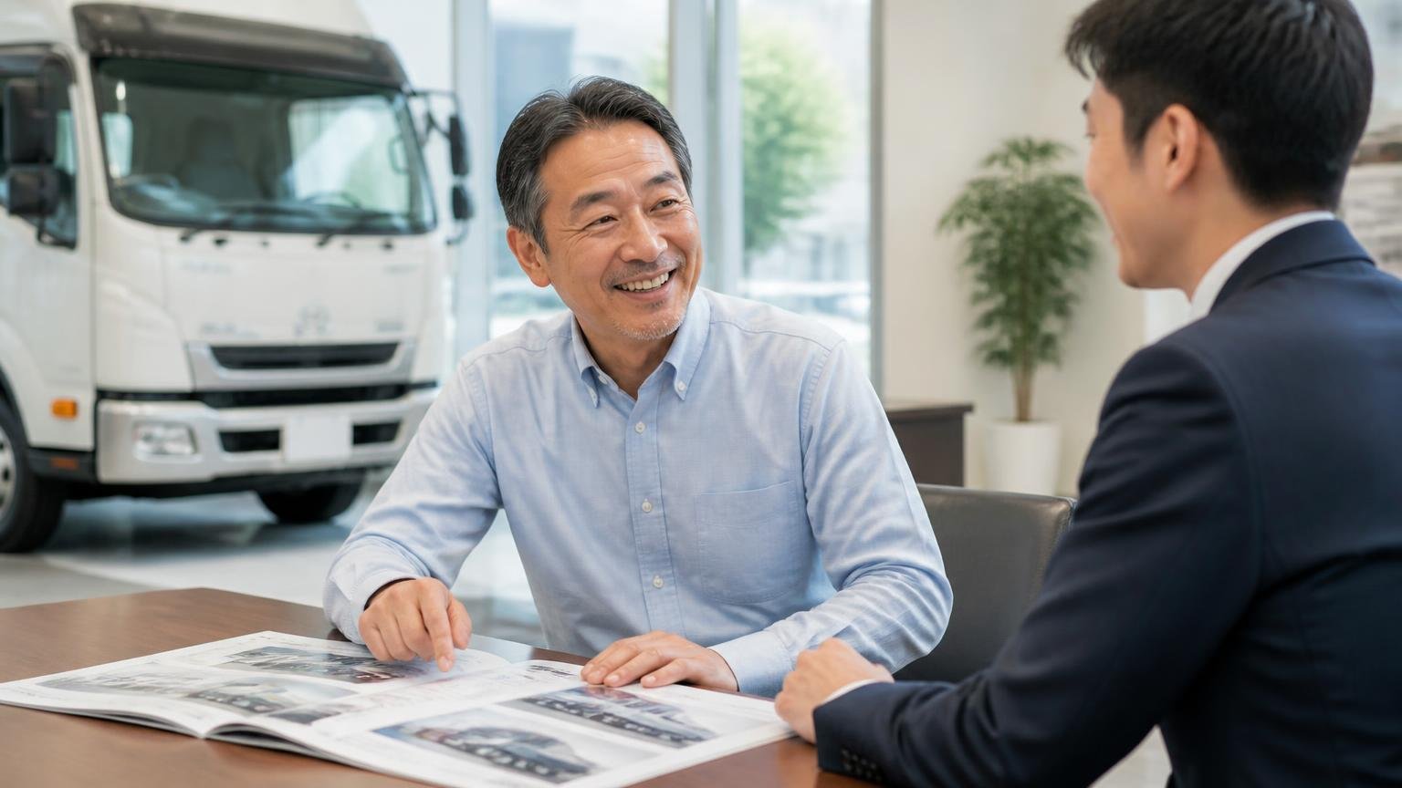 ディーラー下取りや一括査定サイトが合う人もいる トラック販売店の商談席で新車のカタログを広げ営業担当と笑顔で話す50代男性