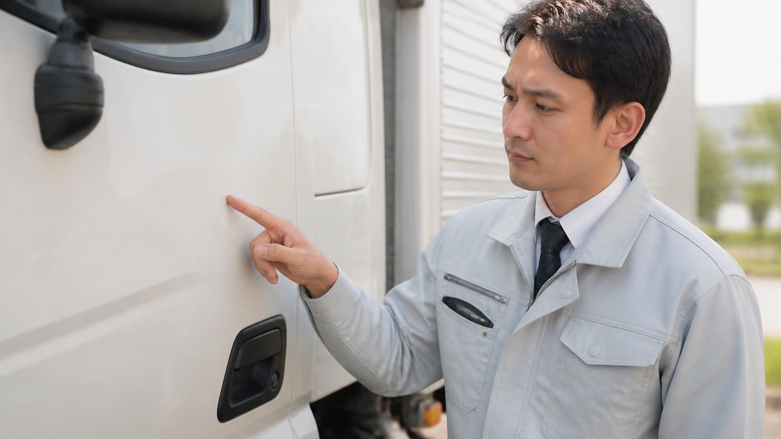 車体の社名やロゴはどう処理されるか|屋外でトラックのドアに書かれた社名を指さす作業着の男性1人が真剣な表情
