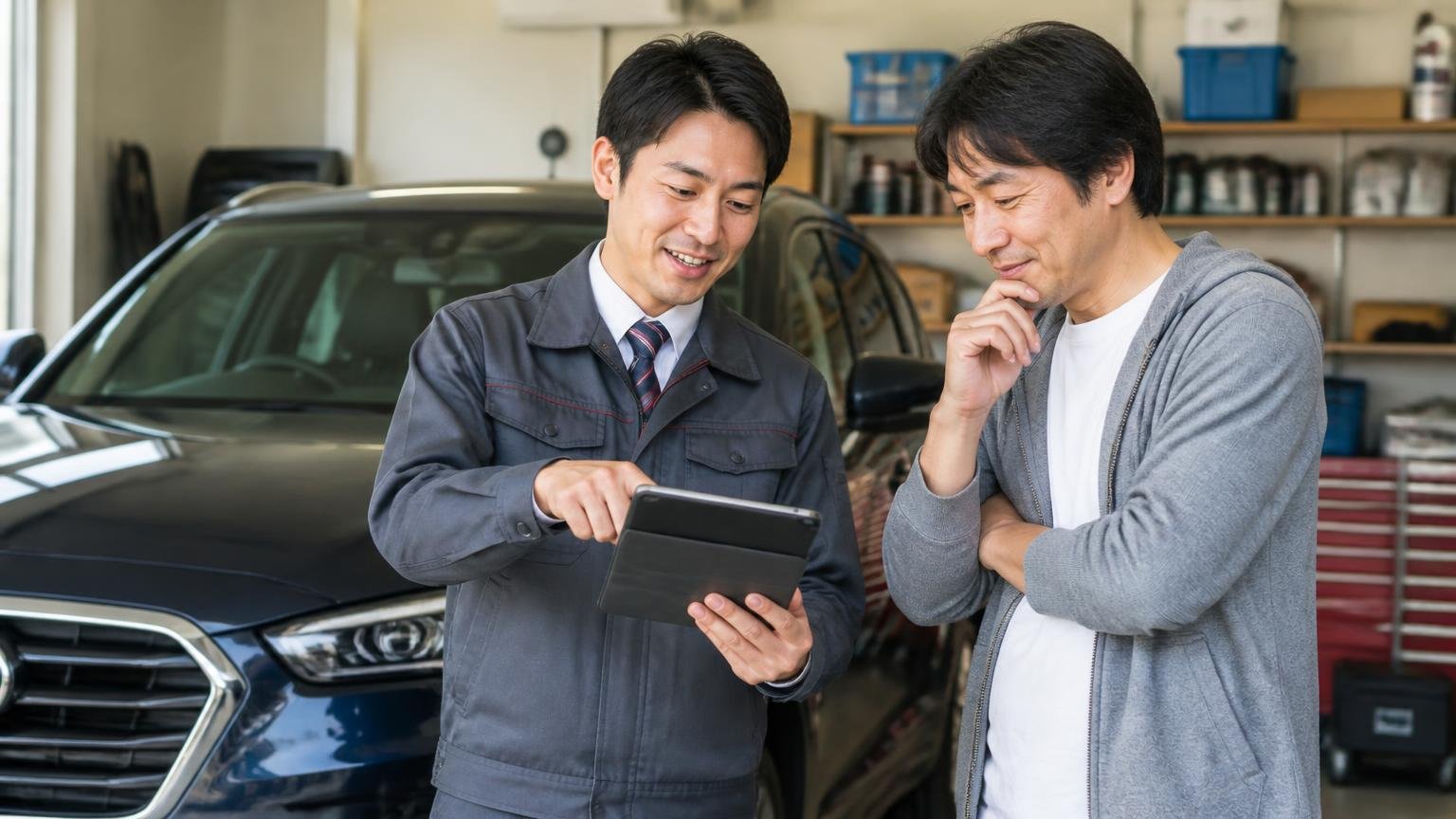 申込から入金までの流れ。車庫で査定士がタブレットを見せ、持ち主の男性が手順を確認してうなずく