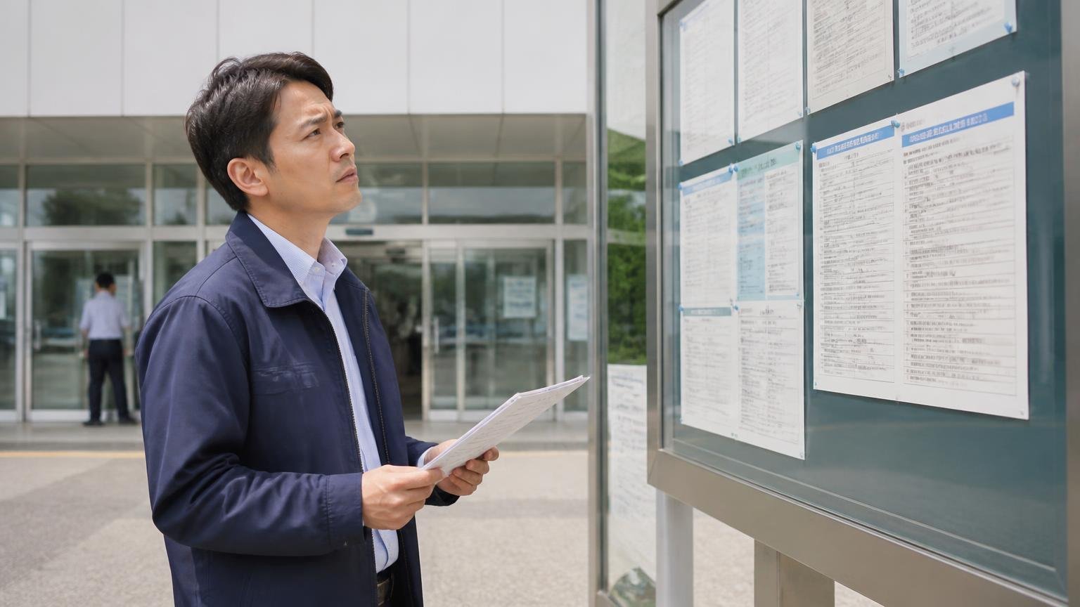 名義変更は15日以内が法律上の決まり 運輸支局の窓口前 男性1人 書類を手に掲示板を見上げる