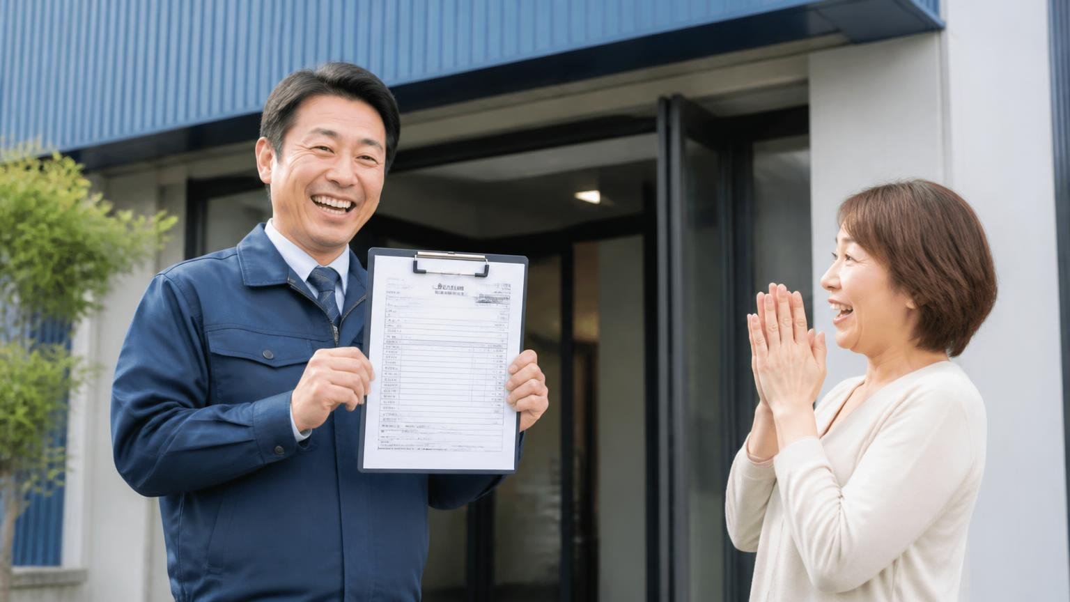 金額を並べる相手として選ばれる買取業者、営業所の前で男性が笑顔で見積書を掲げ女性が拍手する
