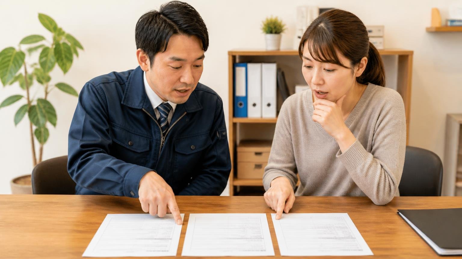 相見積もりの黄金比は2〜3社 事務所のテーブルに3枚の見積書を並べて指さす男女2人