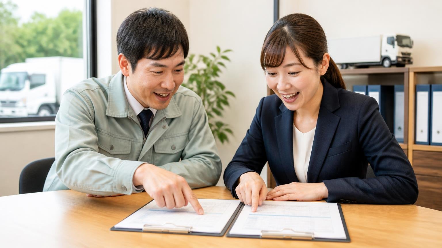 比較の2社目に入れておきたい無料の範囲が広いトラック買取業者 事務所で2枚の見積書を並べて見比べる男女2人が指さす