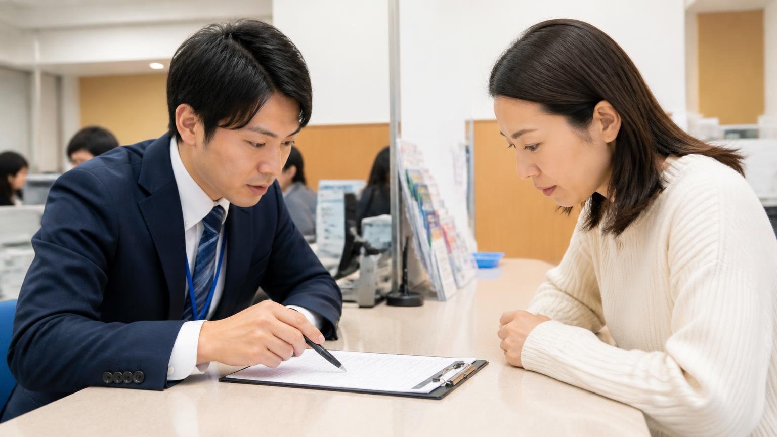 名義変更の期限を書面で確認。営業所のカウンターで買取契約書に完了日を書き込み確認し合う男女2人が真剣