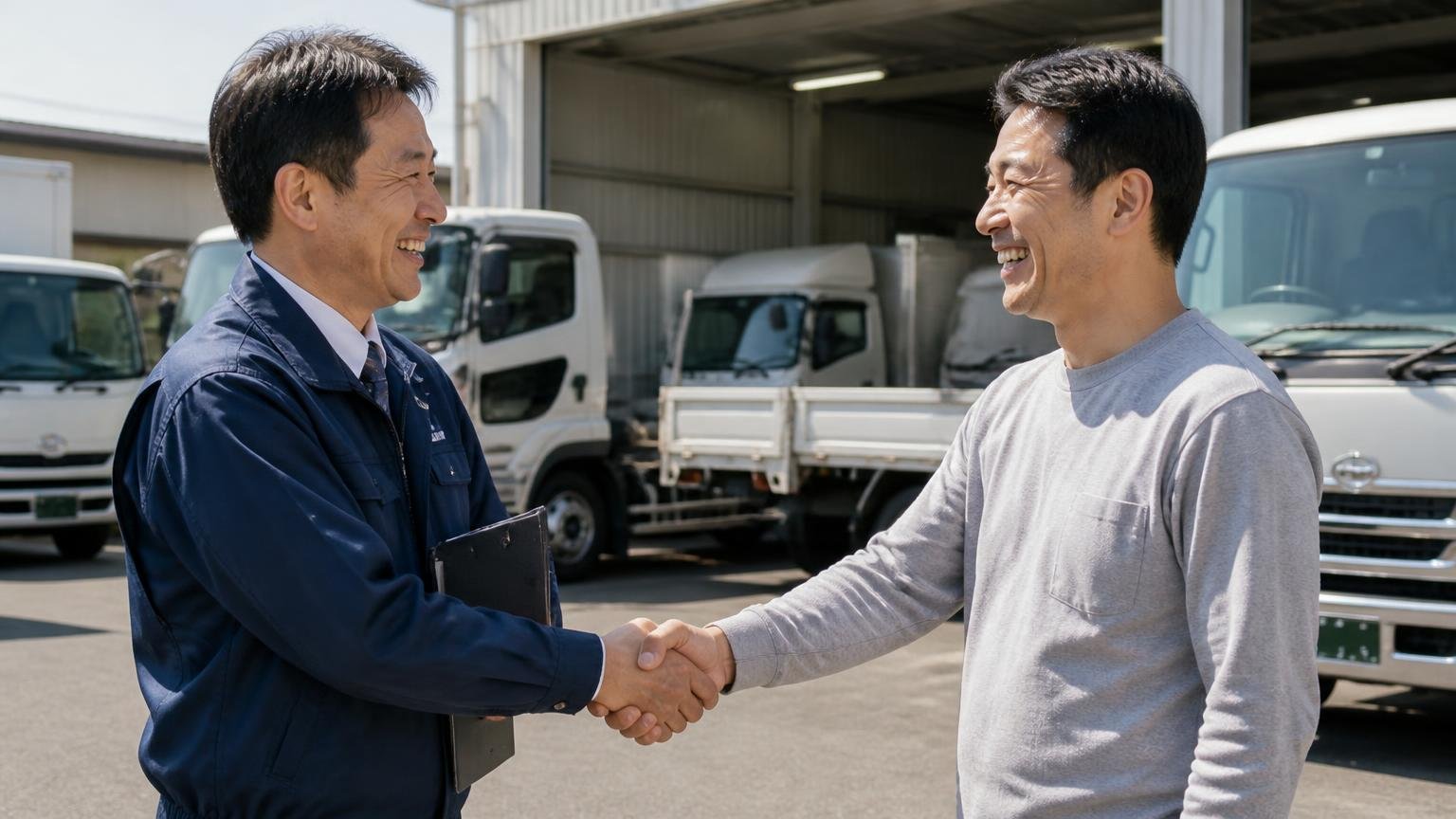 トラック市を「候補から外さなくていい」理由 車庫の前で握手を交わす査定士と依頼主の男性2人が笑顔