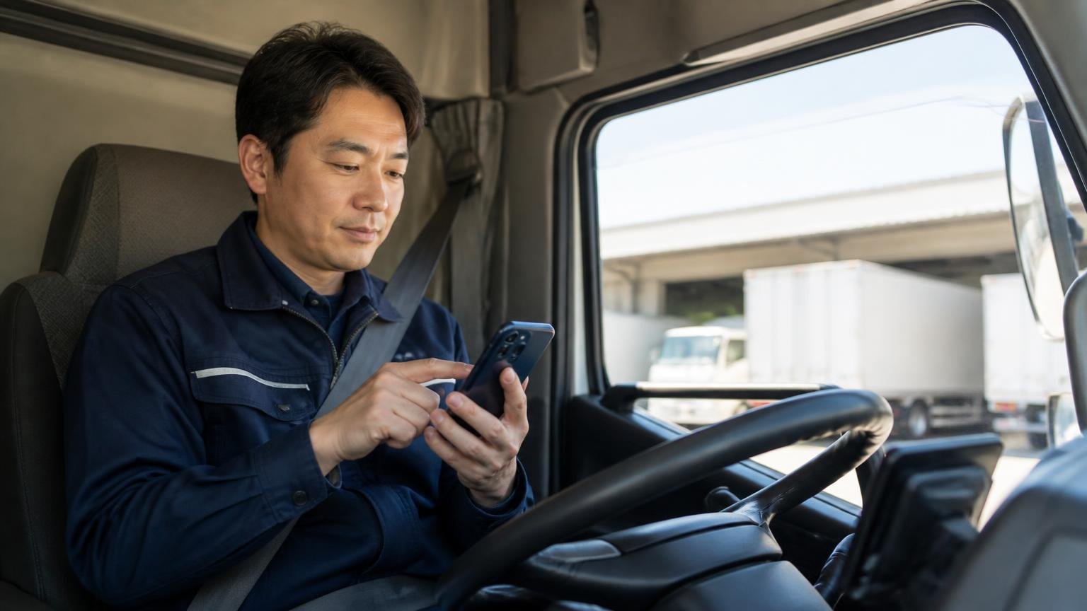 連絡手段の指定。トラックの運転席でスマホを片手にメールを打つ男性1人が落ち着いた表情