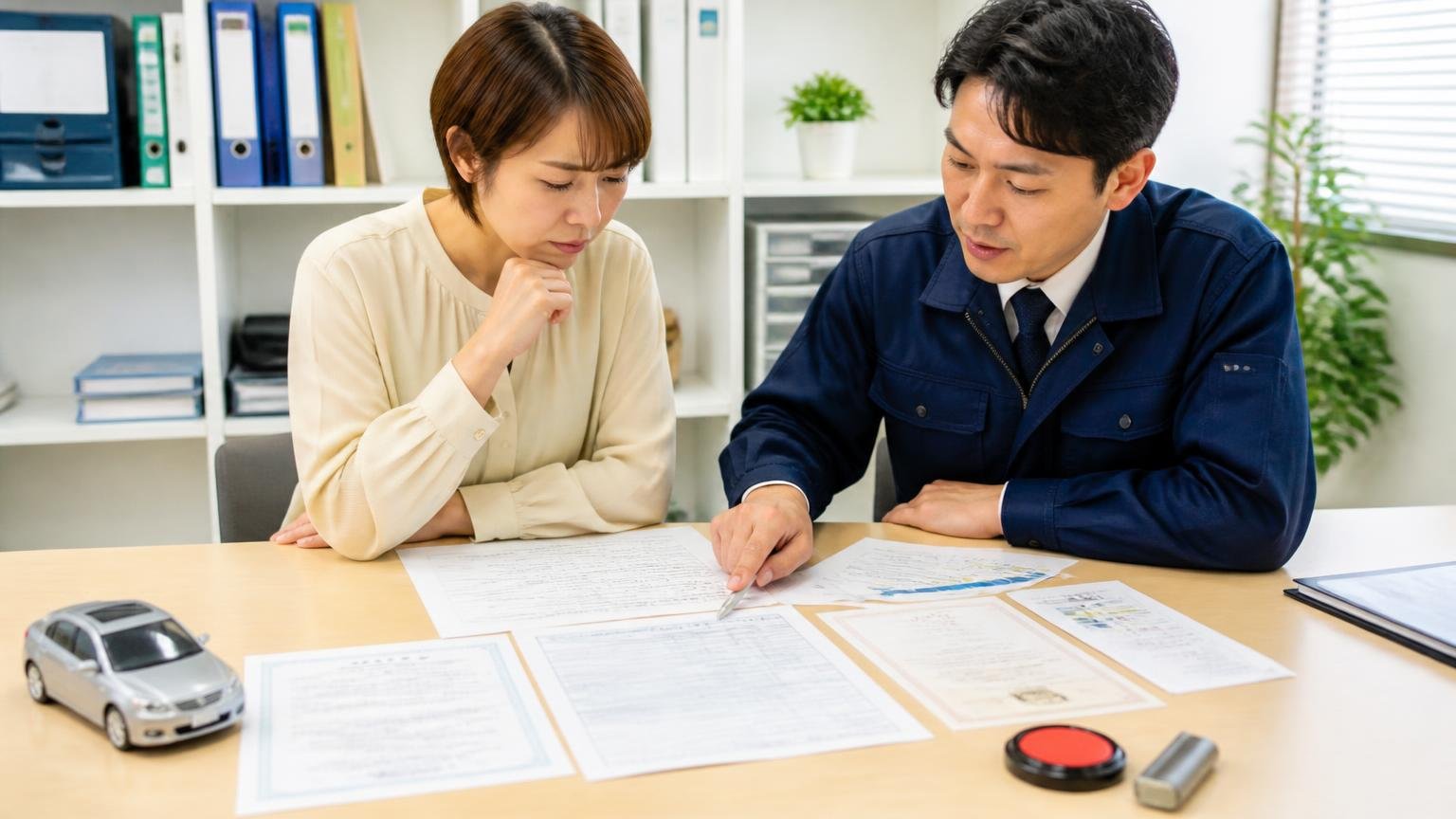 必要な書類と手続きの流れ|事務所のテーブルに車検証や印鑑証明書を広げて確認する女性1人と男性1人