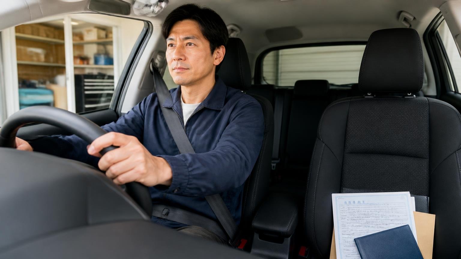 今日やる3つの行動、朝の車庫で車検証と書類を助手席に置いて出発準備をする男性1人が前を向く