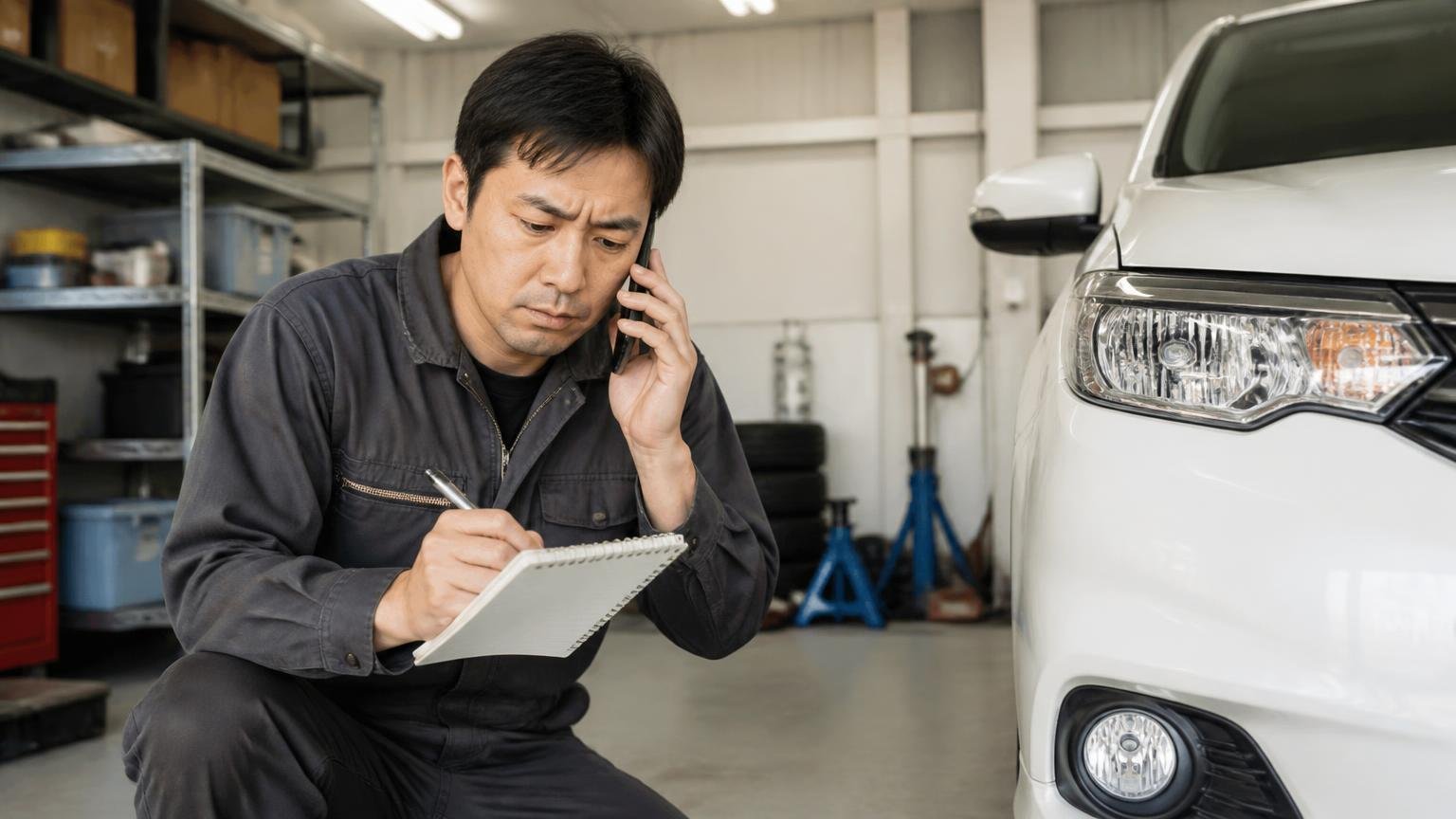 概算を聞く前に減額の条件を先に聞いておく 車庫でスマホを耳に当てメモを取る場面 男性1人 集中した表情