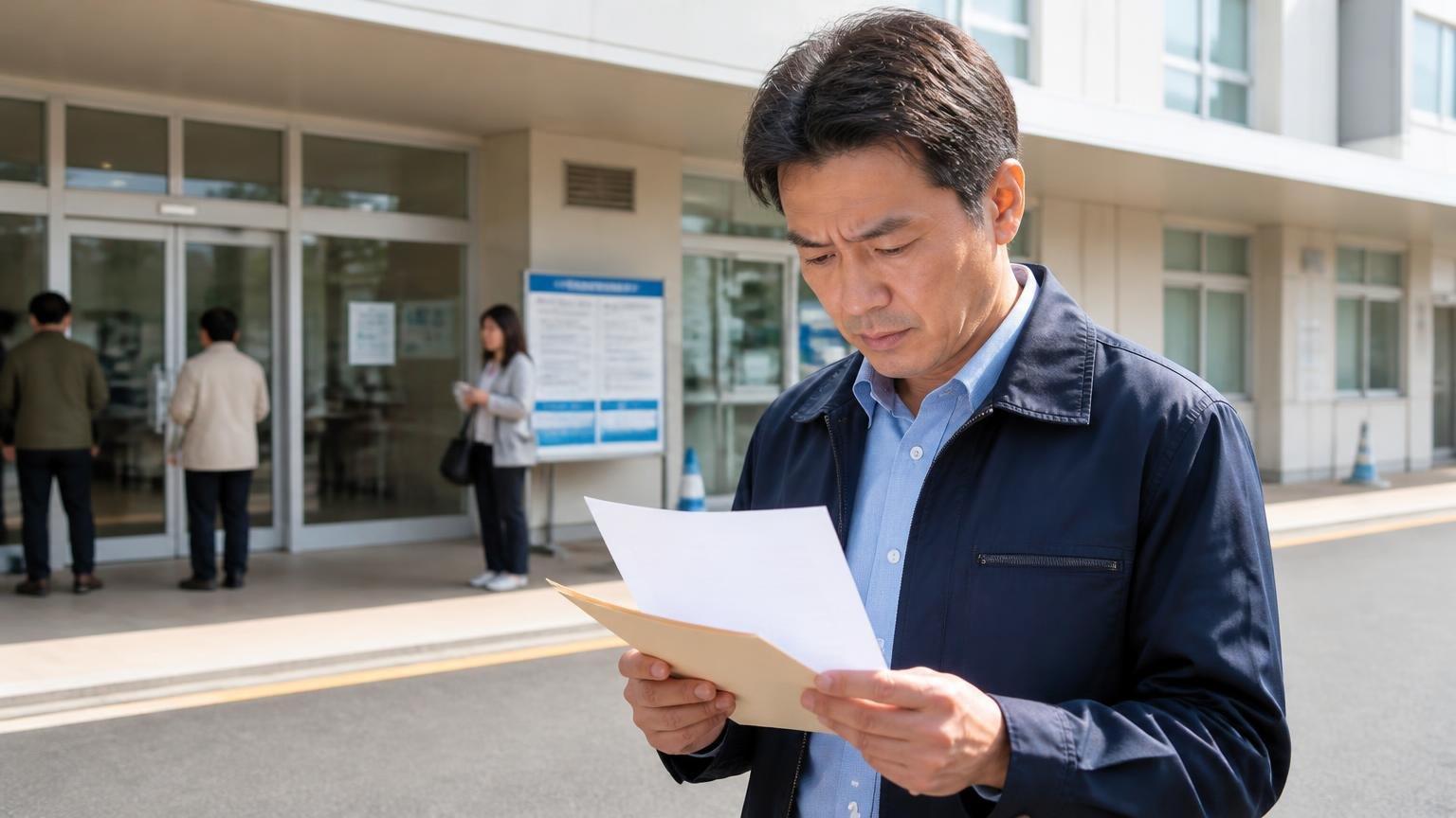 売ったあとの手続きで名義変更は所有者の変更から15日以内。運輸支局の窓口前で書類を確認する場面。40代男性が書類を手に真剣