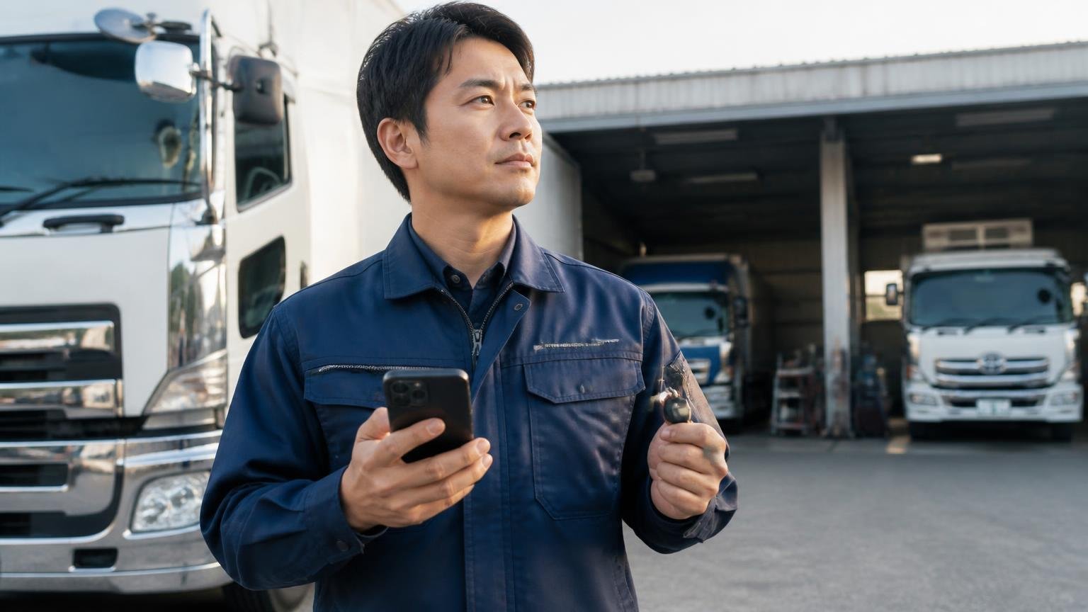 越村商店の金額を並べる相手を選ぶ 早朝の車庫でトラックのキーを握りしめスマホを開く男性1人が決意した表情