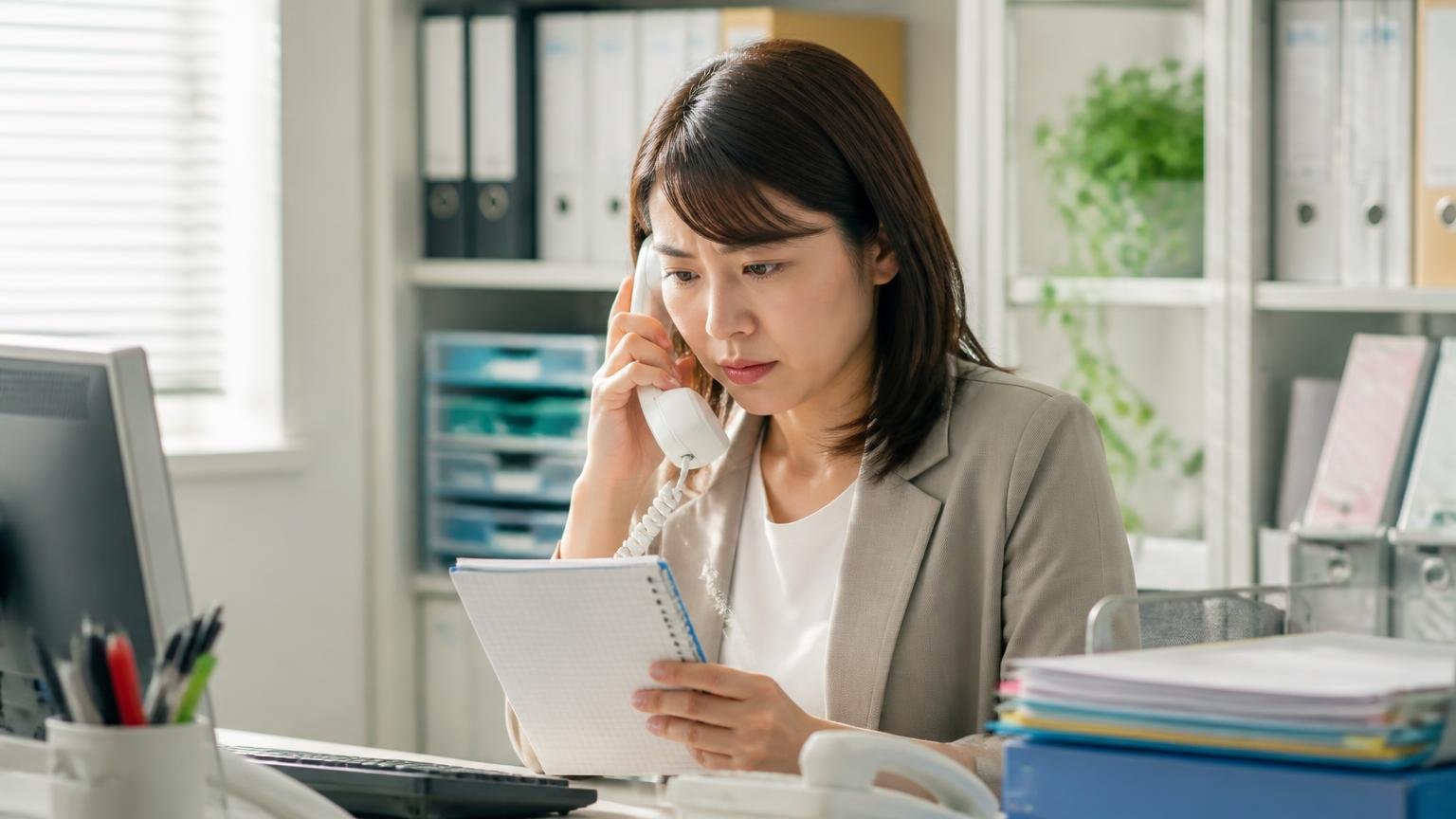 公式サイトに書いていない4項目を最初に聞く。事務所で受話器を持ちメモを見る女性1人が真剣な表情