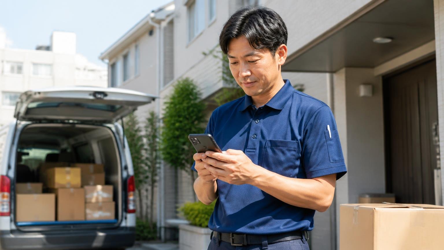 連絡手段と時間帯を最初に指定する 昼の配送先でスマホにメールを打つ男性1人 落ち着いた表情