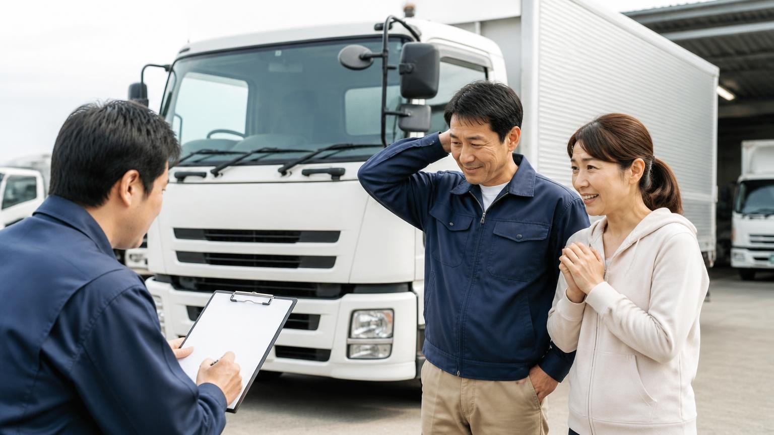 評判を読んで迷ったらまず金額を並べる無料の出張査定に対応したトラック買取業者3選 営業所の車庫で査定員に4tを見てもらいほっとする運送会社の夫婦