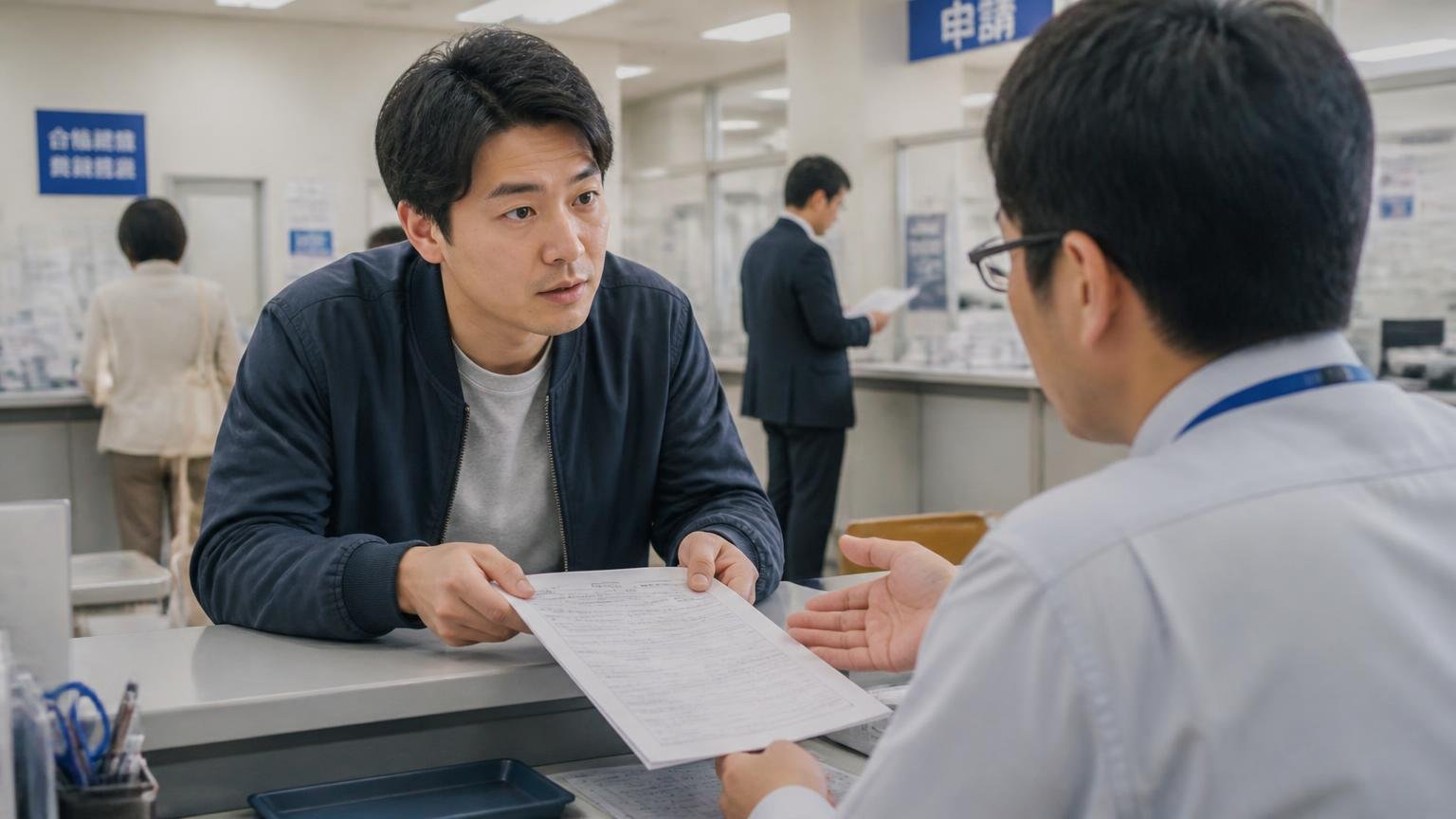 名義変更は法律で15日以内。完了の知らせ方まで確認を 運輸支局の窓口で書類を提出しながら担当者の説明を真剣に聞く30代の男性ドライバー