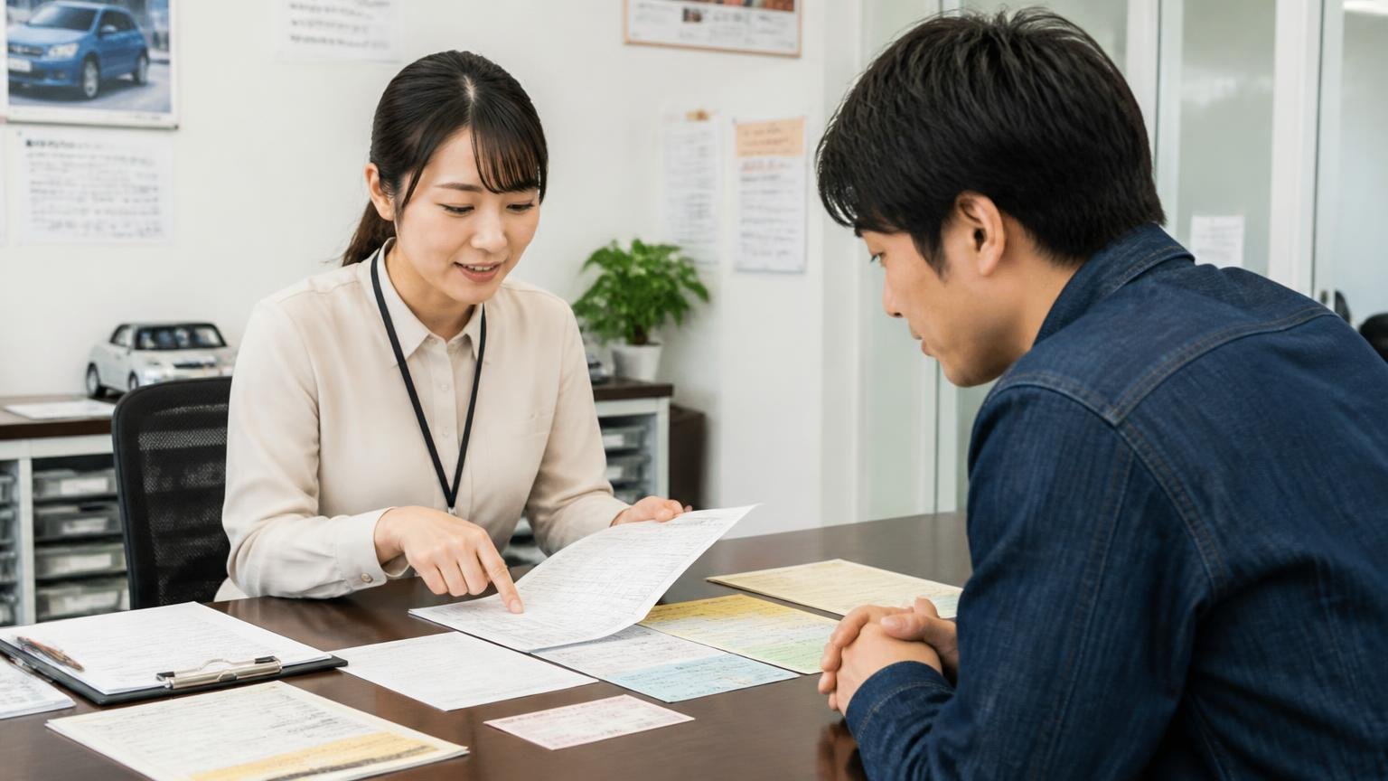 査定の前にそろえる書類と、伝えておく情報、事務所の机に車検証などの書類を並べて一枚ずつ確認する女性事務員と男性ドライバーの2人