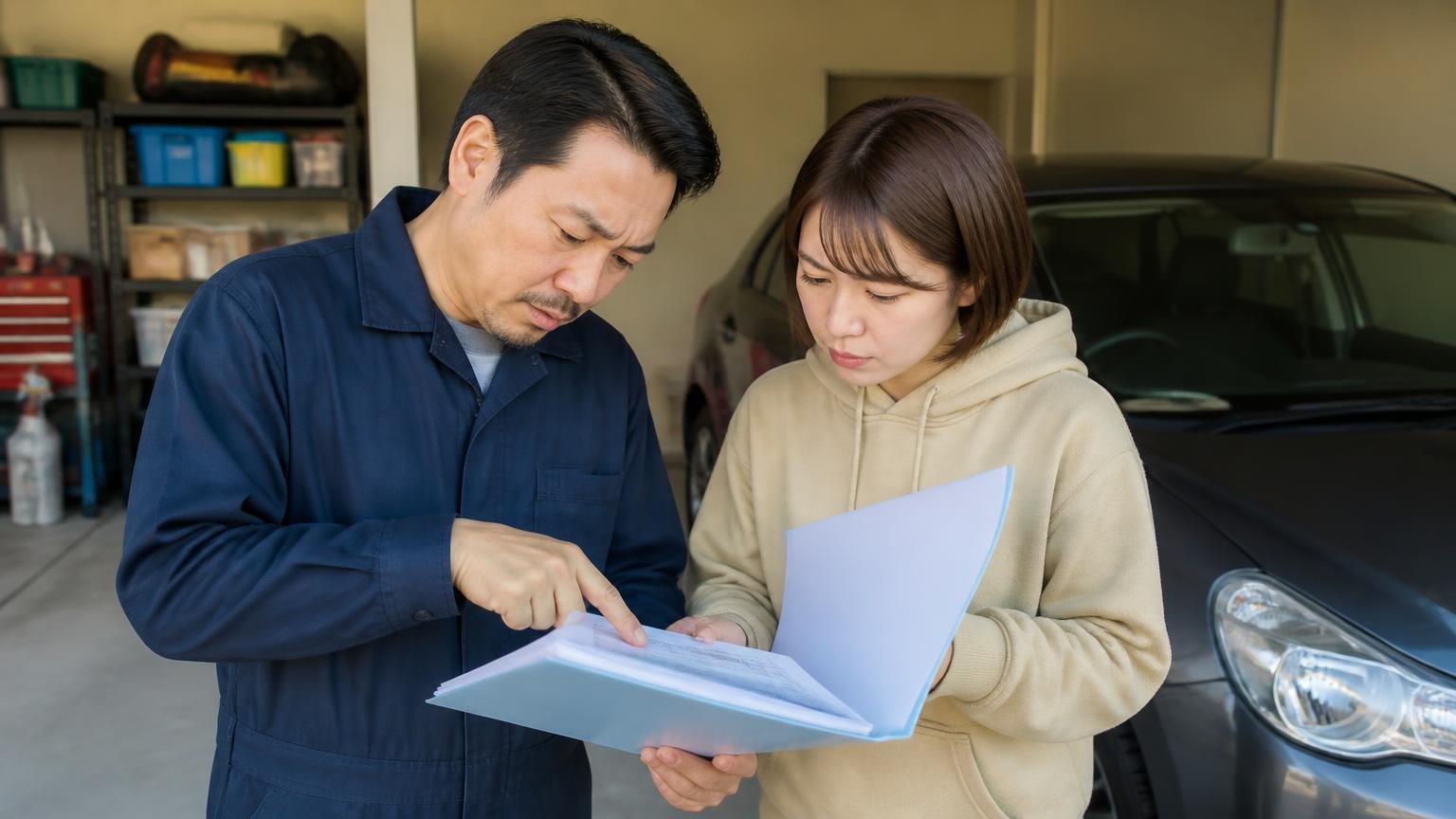 査定を申し込む前にやる4つのこと 車庫で車検証と書類を確認する場面 男女2人 書類をめくって指さす